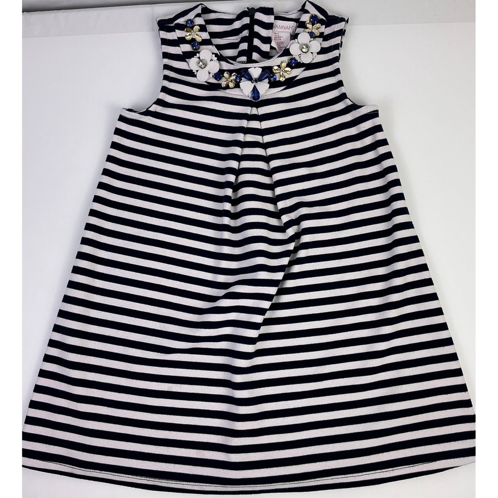 Savannah Girls Navy White‎ Stripe Dress Size 6 Beaded Floral Collar Sleeveless